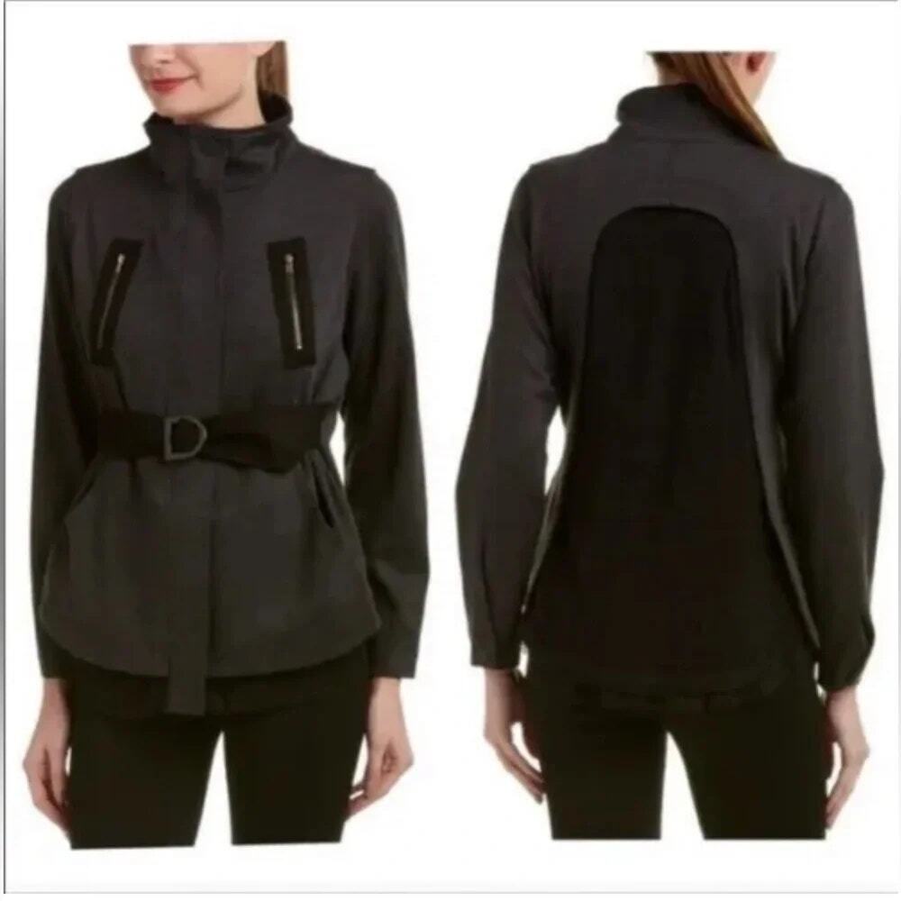 Cabi Modern Mesh Back Jacket Belted Zipper Edgy Chic Neutral Fall Black Size M